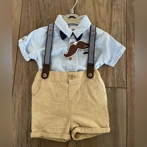 NWT Little Gent baby boy 0-3 months Blue & Tan Outfit with Suspenders 3pcs set